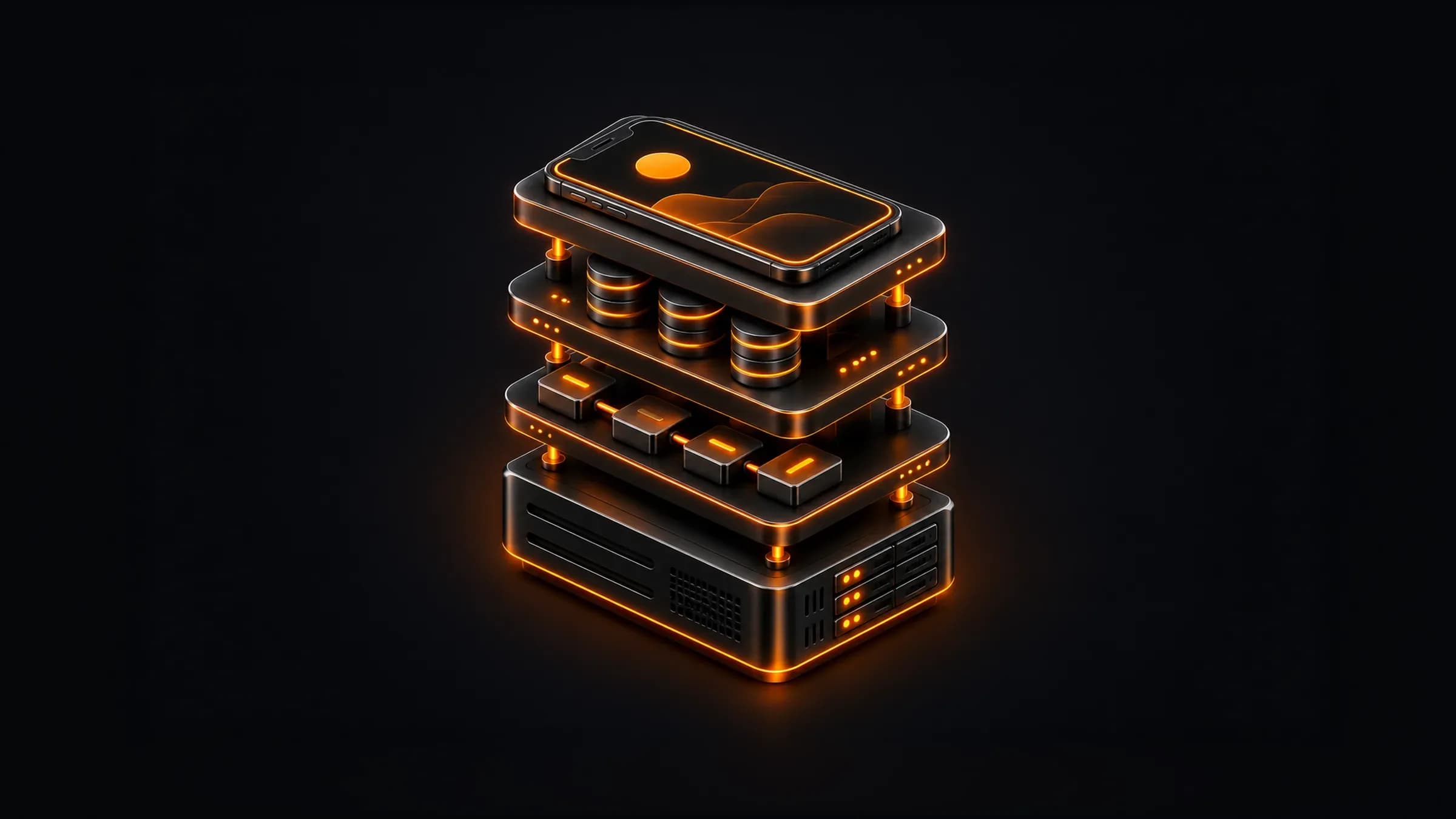 Stack of black metal layers edged in orange neon: a phone screen on top, then storage, a queue of tiles and a server base