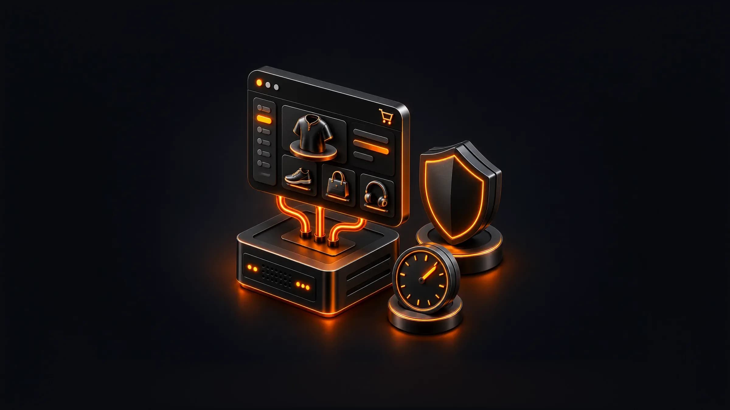 Black metal storefront panel above a server base, with a shield and a clock beside it, edged in orange neon