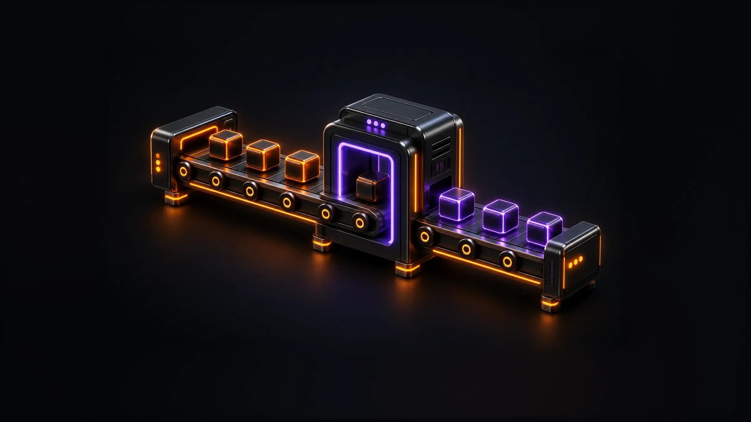 Conveyor carrying tokens through a violet-lit gate, with checked tokens leaving it glowing violet